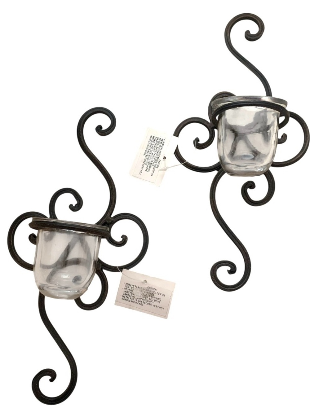 Set Of 2 Stonebriar Bronze Metal Scrolled Wall Sconces w Glass Cup Holders 11”x5
